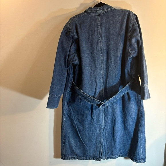 DENIM JEAN COAT Sz XL Lined Contrasting Stripe Pockets 100% Cotton Shoulder Pads - Picture 9 of 10